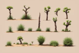 "Isolated concept art of multiple types of alien tree plant on a plain neutral background. Designed for Desert biome – dry, spiky, brittle grass with sharp edges, and pale dusty colors