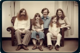 Awkward Family Photo, old and young sitting on chairs, weird smiling, long 1970 hair and mustasch, polaroid camera