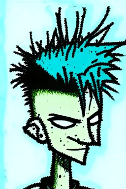 2d portrait drawing of a stickman, cool with punk hair, x eyes like hangman, close-up, side view bended looking into the camera, smiling,in colour