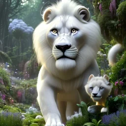 pixar style, fairy garden environment and background, realistic painting of white lion, sparkling blue crystal on forehead, looking excited, volumetric lighting, dramatic lighting, detailed digital painting, extreme dense and fine fur, ornate, colour-washed colors, elegant, small minutiae, tiny features, particulars, centered, smooth, sharp focus, renderman gofur render, 8k, uhd, detailed eyes, realistic shaded volumetric lighting, sunlight caustics, backlight, centered camera