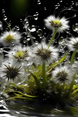 Purity transparency water splashing twisted with many littledandelions inside, photo, 8