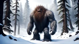 large humanoid hairy monster in the snowy forest