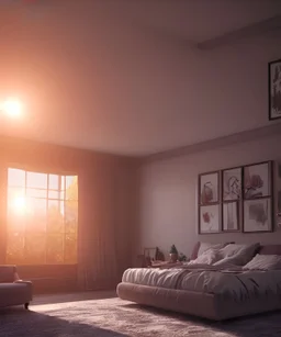 Photo of a beautyful and big bedroom in sunset, 8k,unreal engine, very detailed, realistic, cinema 4D