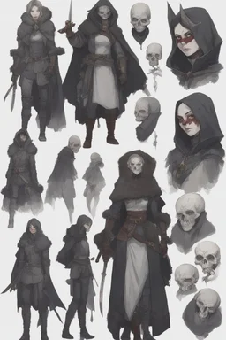 A dnd character sheet. A woman dressed for the cold north dressed in dark furs, with black hair. Death cleric wearing a mask with a skull, female woman girl