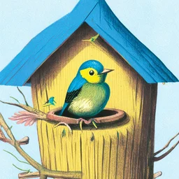 a color illustration of a bird sitting on a nest in a birdhouse.