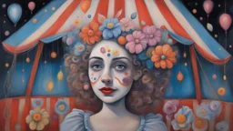 a painting of a woman with flowers on her head, a surrealist painting, cg society contest winner, inside a circus tent, mixed media painting, night outside, acrylic drawing, whimsy, puppet on a string, acryl on canvas, mixed medias, jester themed, large pastel, potrait, dream