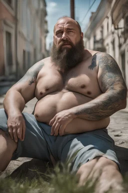 viril strong chubby mature russian man sunbathing, sitted on an empty street, 41 years old, dirty tank top, tattoo, bullneck, hands behind the neck, ripped dirty shorts, manly chest, very hairy, short beard, big shoulders, relaxed, photorealistic, well defined facial features, half figure photography, view angle from the ground