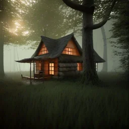 Misty woods, mushroom house, dark morning light