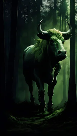 A bull or a horse with a wooden totem with spikes on it, in the middle of the forest. Opposite is a tree with a green-skinned man on it., by Ryohei Hase, Agnes Cecile, Raymond Swanland, Anne Bachelier