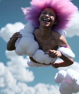 Ultra realistic speed clouds sky scene, wide angle view, sweet childs falling down, inflatable color clothing, free jumping flying, many trinkets, monster hair, hair monster, many jelly beans, balls, smile, happy, circus style, extreme, wind, clouds sea, 20,000 feet altitude, stratosphere, soft color, highly detailed, unreal engine 5, ray tracing, RTX, lumen lighting, ultra detail, volumetric lighting, 3d, finely drawn, high definition, high resolution.