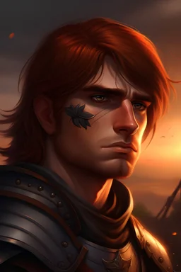 Fantasy, high resolution, male, portrait, sunset eyes, auburn hair, mature, knight, eyepatch