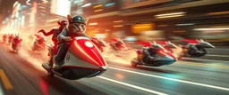 rocket ship scooter cat captain in high speed pursuit among neon rat cyber soldiers, with background motion blur