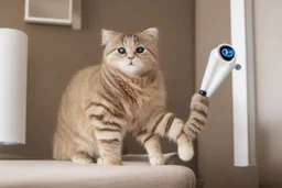 cute fluffy chibi beige cat with a giant thermometer in a modern room in sunshine