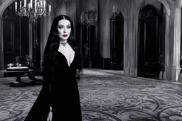 the seducing Morticia Addams in her manor