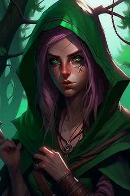 Hooded wood elf, rogue assassin, brown skin, bright green eyes, mauve hair, sneaky, trees, stoner, long bow, black leather straps, disheveled, smoking weed