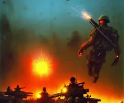 vietnam war. war. napalm. bokeh. lens flare. warm lights. high detailed. beksinski