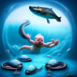 baby swimming in the artic with eels, fantasy art