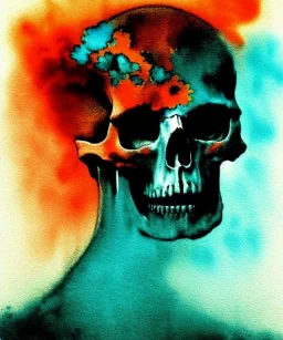 broken realistic skull. black background. smoke and explode. particles in air. teal and orange. watercolor and ink. abstract. beksinski.