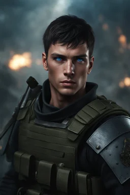 27 year old male with short dark hair and blue eyes, army combats, photorealistic, 4k, dark fantasy