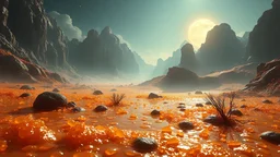 realistic photo of a landscape covered in honey that looks futuristic with futuristic lighting