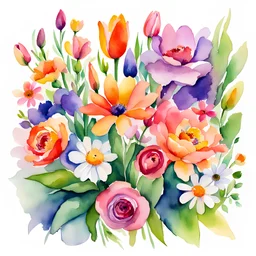 A bouquet of colorful flowers on a white background, a vibrant watercolor floral illustration, bright and cheerful blooms with a mix of roses, tulips, and daisies, surrounded by delicate green leaves, Artwork, watercolor on paper with rich and vivid pigments,