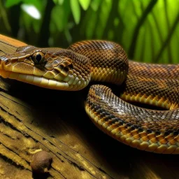 A brown snake on a branch colour with slimy, scaly skin. It will have large, bulging eyes that glow long, tentacle-like appendages that it .sturdy, yet flexible body,sharp claws on its wings and feet,long, slender tail