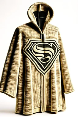 Superman's Balenciaga overcoat Winter elegant inspired by Superman's emblem design beige tones with dual color on a white background, product catalog photography, soft spot lighting, depth of field, 4k –ar 3:5 –q 2