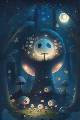 An enchanted forest with glittering trees and a big round mysterious moon and little cute shiny goblins with big round eyes everywhere and mushrooms glittering under the moonlight