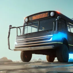 Man, futuristic bus, blue and sky lighting, guns, wearing red armor, unreal engine 5 --v 4