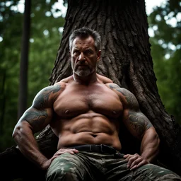 close up photography of an angry ugly 50 years old seated on a tree trunk in the wood in the dark night, strong beefy muscular , big shoulders, manly chest, bulging hunter camouflage trouser , shirtless, hairy , tatoo, 35mm lens, f/1.8,lit by bonfire , global illumination, frontal view from the ground