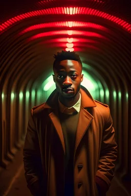a man in a jacket standing in a tunnel, in the style of portraits with soft lighting, harlem renaissance, jagged edges, uhd image, drugcore, portraitist extraordinaire
