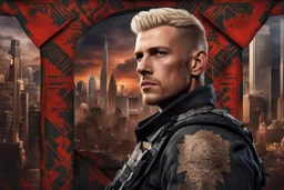 photorealistic portait of henry cavell as mercenary with blonde undercut tribal tattoos wearing modern mercenary uniform cityscape