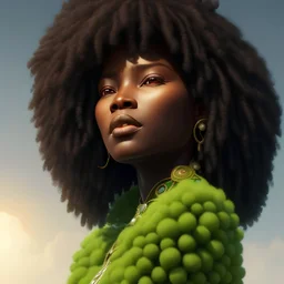 portrait of black lady, wrapped up hair, open mouth, afro, intricate stitching, farm background, deep brown full lips, cannabis woven clothes, art by artgerm and greg rutkowski, alphonse mucha, cgsociet 4d, unreal engine, hyper detailed,hyper realistic photo, finely tuned detail, ultra high definition, 8 k, ultra sharp focus ultra sharp tropical plants, orchids,country background, coloured skin, deep brown full lips,art by artgerm