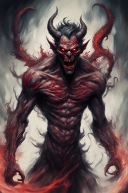 A piece of concept art depicting a male horrific demon with realistic, intricate details. The artwork should contain chaotic brush strokes reminiscent of the style commonly seen in late 20th-century concept art. Focus on a dynamic, flowing composition with high contrast and a primarily color scheme, to evoke a sense of movement and drama.