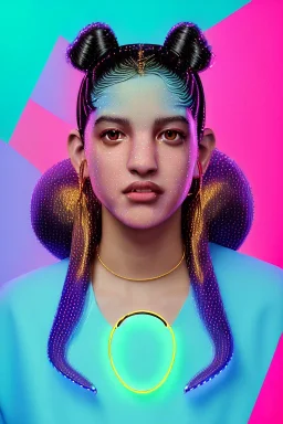 Rosalía artist, Ultra Realistic image, waist up portrait, perfect gold teeth, black eye line, sweet smile face, pigtails hair, spray line make up, geometric, gold, big rings piercing, led ornament, bubble latex coat, inflatable, cold, led lights, geometric, neon, pink, blue, gold, vibrant color, highly detailed, art stations, concept art, smooth, unreal engine 5, god rays, ray tracing, RTX, lumen lighting, ultra detail, volumetric lighting, 3d, finely drawn, high definition, high resolution.