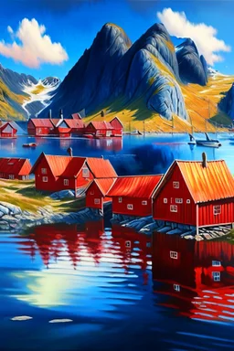 realistic painting of a village in Norway. Lofoten island. Red wooden houses. Water, lake, mountains, blue sky