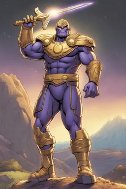 Thanos, the commander of the army of aliens and the king of the entire galaxy, is ready to go on a campaign with his two large swords, his very beautiful and impenetrable armor with his golden helmet, standing on top of a hill with his sword with infinity gauntlet