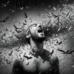 A black and white image of a man screaming with his eyes covered. His head is surrounded by a flock of birds, professional camera (zoom), Canon EOS R5, edge lighting, cinematic lighting, translucency, extrusion and gradient value change, specular attenuation and contrast, strong ambient occlusion overlay, depth parallax, photorealistic, 4K, 3D, realism, hyperrealism, macro detail and clear texture, good lighting, detailed texture, modern photography style, 3D, 4D, 4K --2:3