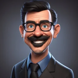 a portrait of smiling western man. 50 years old. caricature. black short hair. light skin. blue eye pupils. rectangle eyeglasses, black frame. heart face shape. extended goatee moustache. wear black formal dress. pixar style. 3D. 4k. portrait. highly detailed. sharp focus. high resolution. full color. cinema lighting