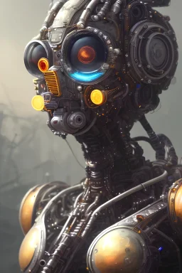 a beautiful full frame portrait digital painting of futuristic gaspunk robot, wide angle view, close-up, macro lens, centered camera, titanium accents, intricate details, small minutiae, tiny features, particulars, colorful, 8k, least ambient occlusion, volumetric lighting, volumetric clouds