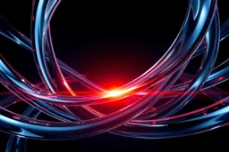 A mesmerizing abstract composition of interlocking glass and chrome ribbons swirling together. A fiery core of orange and red light pulses at the center, creating sharp highlights on the polished surfaces. The background transitions into deep navy shadows, emphasizing the high-contrast lighting. Fluid textures and a high-tech, futuristic mood.