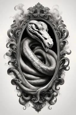 A realistic drawing in negative space black ink on white background of a snake head in a mirror baroque with very defined and correct details and brushstrokes smoke around it