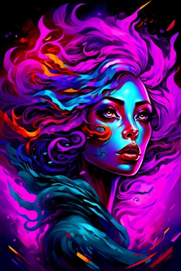 A woman's face with colorful hair and waves surrounding her, in the style of realistic fantasy, neon color palette, dark bronze and violet, split toning, exotic realism, contest winner, gorgeous colors