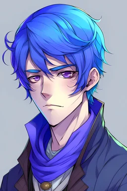 crea un personaje de anime masculino, con pelo violeta azulado, veatimenta de la epoca victoriana y que su rostro sea serio