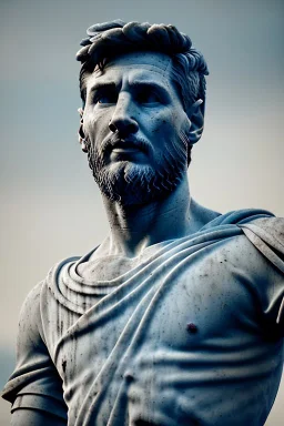 Ultra Realistic image, roman sculpture, deluxe white marble material, Lionel Messi, Renaissance style, miguel angel style, chisel style, emperor, waist up portrait, epic, celestial, cinematic lighting, God light, god rays, 4k resolution, smooth details, ornate details, unreal engine 5, blue vibrant background.