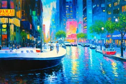 City, retrowave, realistic vision, and claude monet impressionism paintings