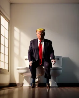 Donald Trump sitting in toilet scene, pants down, realistic image, hooper style, casual, concept art, smooth, unreal engine 5, god lights, ray tracing, RTX, lumen lighting, ultra detail, volumetric lighting, 3d.