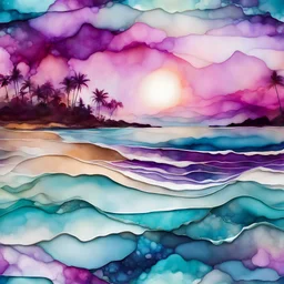 Alcohol ink art tile pattern. Vibrant, fantasy, delicate, ethereal. Sea. Shades of blue, purple, aqua, turquoise, white. waves on shore. Sun. colorful beach. Background ink drip.