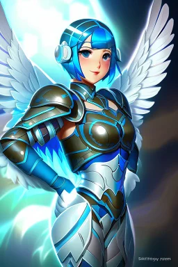 a human with blue short hair and blue wings in an assymetrical armor with geometric patterns and a book in hand