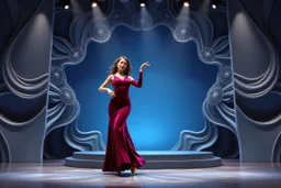 modern stage with gray-blue theme artistic decoration , color full dynamic lighting, a beautiful lady in modern maxy dark purple red dress with shining silver jwells dancing, 3D recursive fractal structure animating background